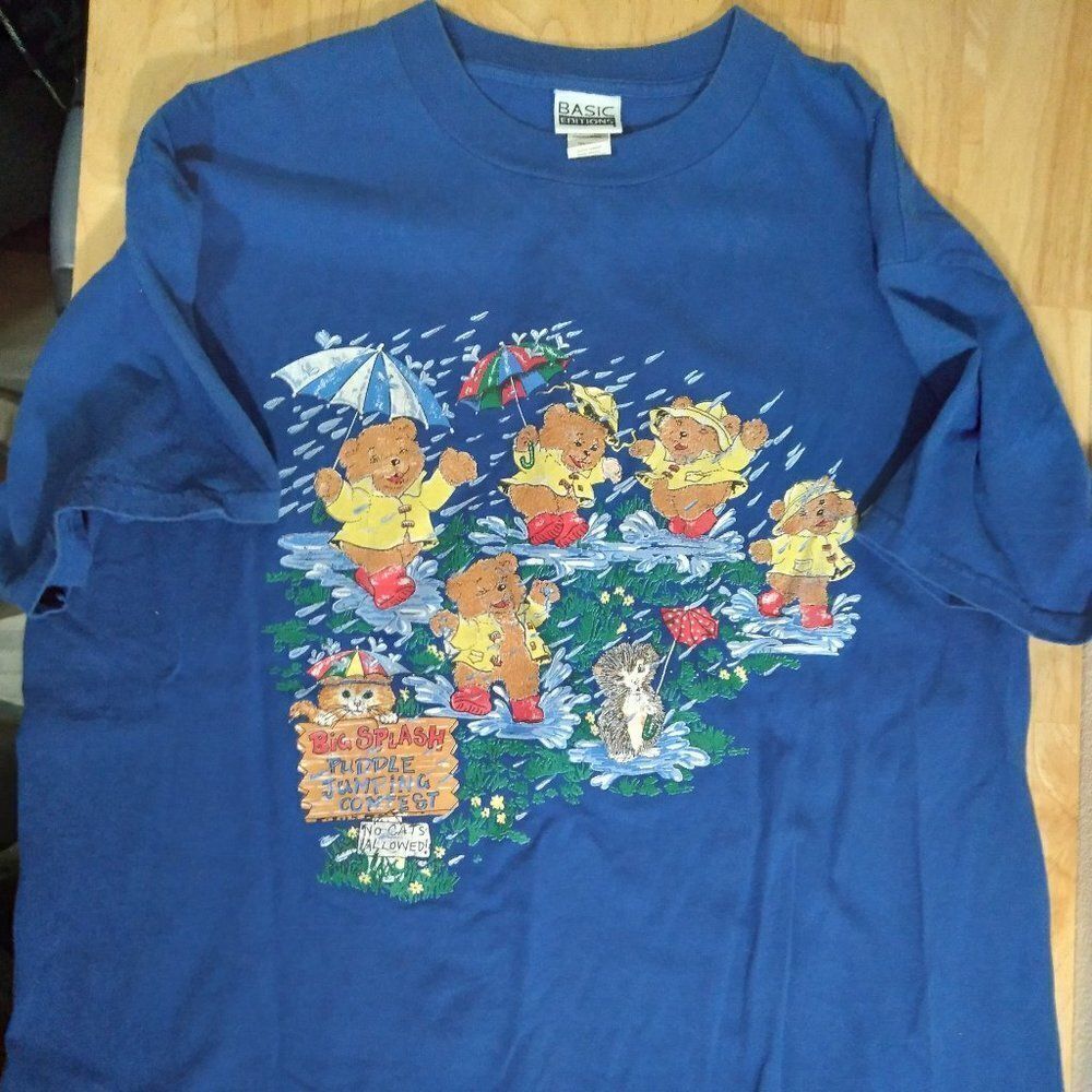 Vintage Bears & Kittens In Rain Illustration Tee